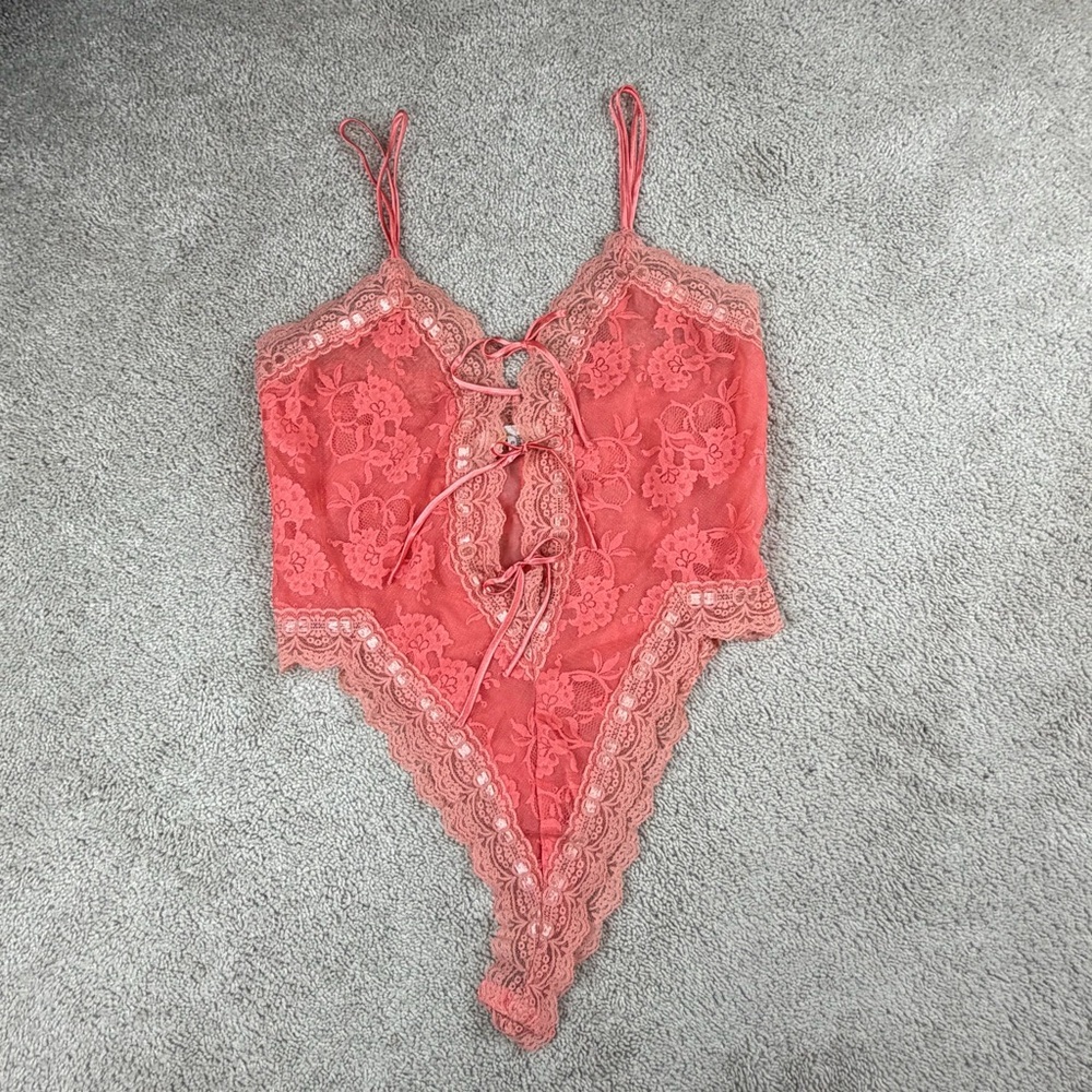 Victoria's Secret Coral Pink Floral‎ Lace Up Bodysuit Medium ID 042113